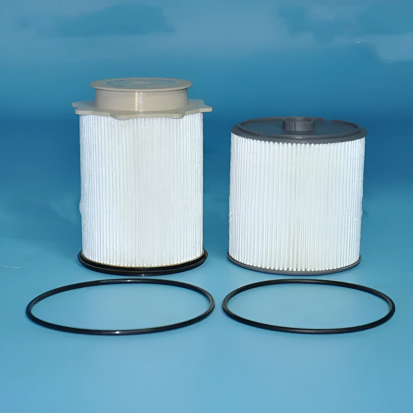 White fuel filter kit for RAM truck Cummins 6.7L diesel engine replacement.