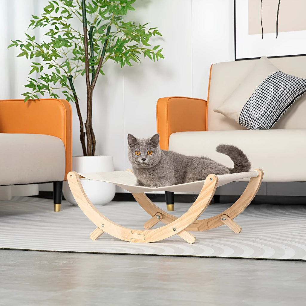 Solid wood cat hammock bed with brown frame and fabric surface
