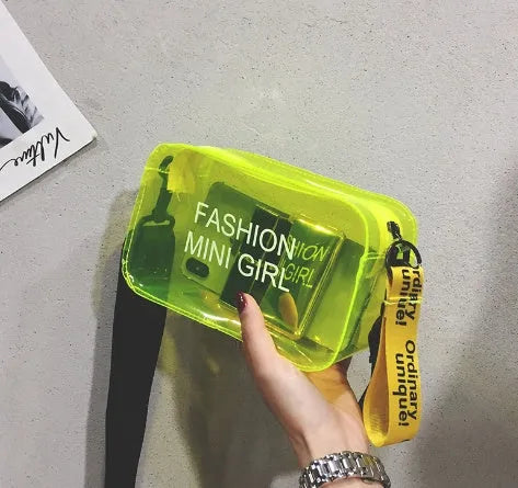 Transparent square jelly shoulder bag in multiple colours with an adjustable long strap.
