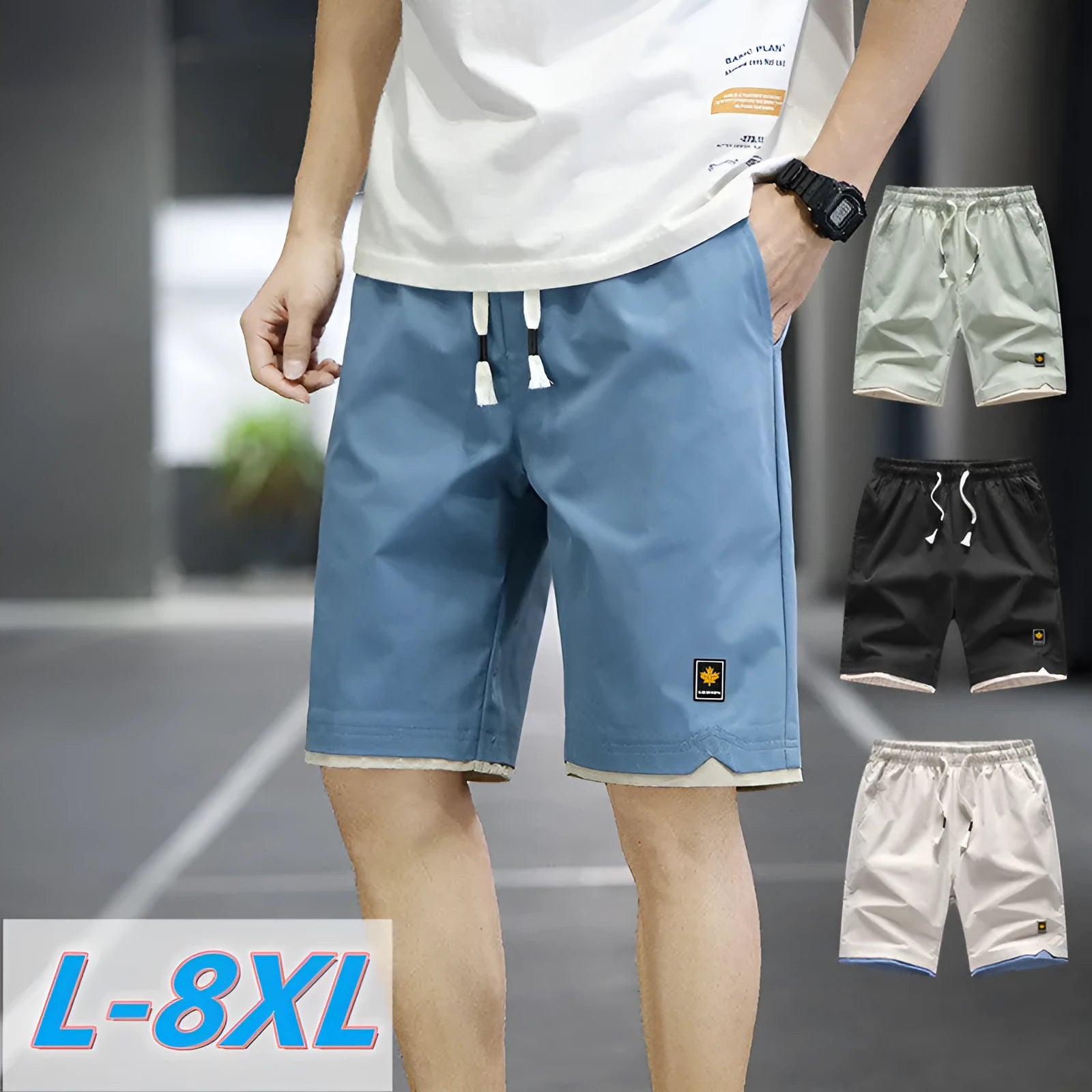 Men's loose-fit casual shorts in polyester fabric, shown in a solid colour with a straight Korean-style cut.