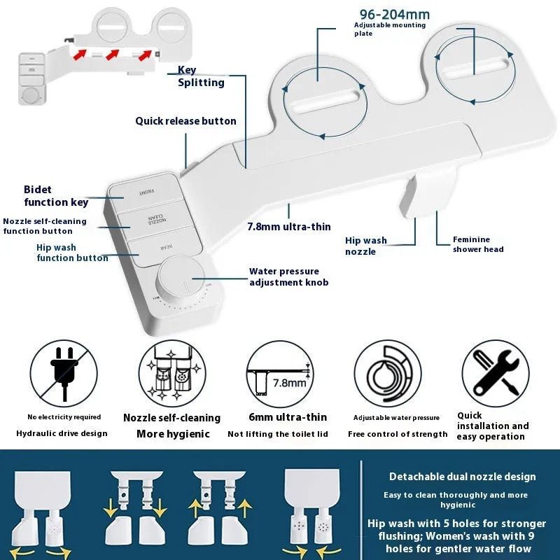 Pure white manual button-operated wash tool with detachable parts and a set of copper and brass tap adapters.