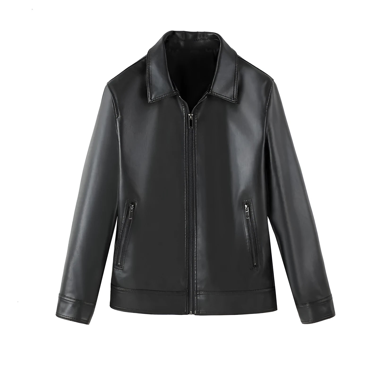 Men's black PU leather casual jacket with zipper pockets and a loose fit.