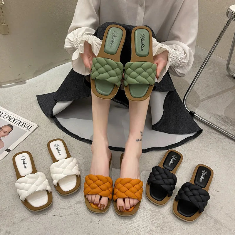 Women's anti-skid beach sandals in plaid pattern available in white, green, black and orange colours
