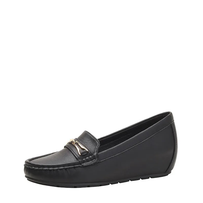 Men's black casual slip-on shoe with a built-in height increasing insole and a round toe design.