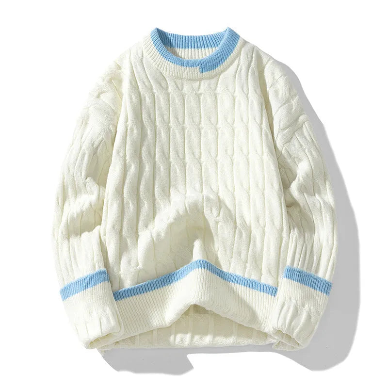 Men's loose fit grey pullover sweater with long sleeves on a neutral background.