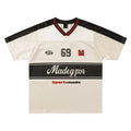 Apricot coloured loose fit sports V-neck jersey with short sleeves and a letter pattern.