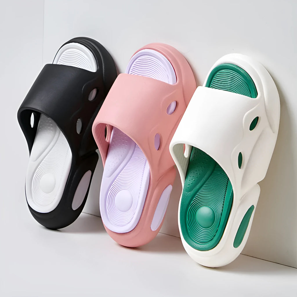 Two-colour thick-soled EVA slippers with leather lining in pink and purple colourway