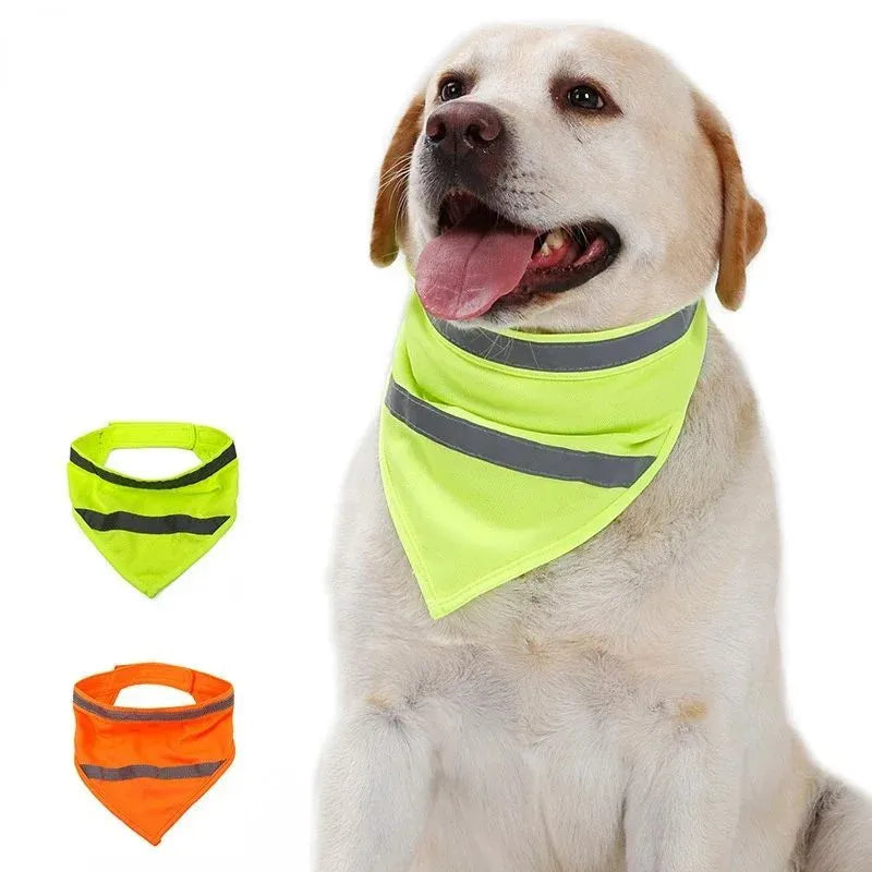 Bright orange polyester dog bandana with adhesive strap shown on canine neck