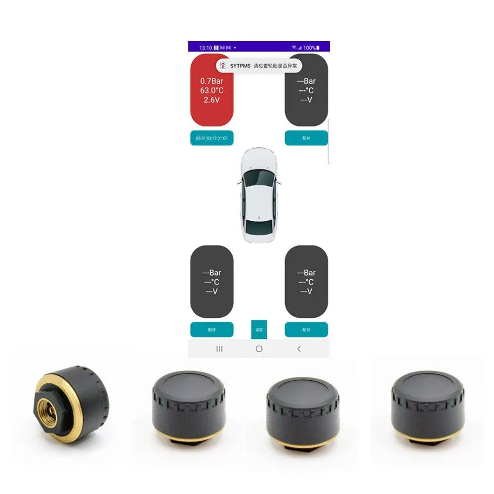 Four black Bluetooth tyre pressure sensors for car with mobile phone display