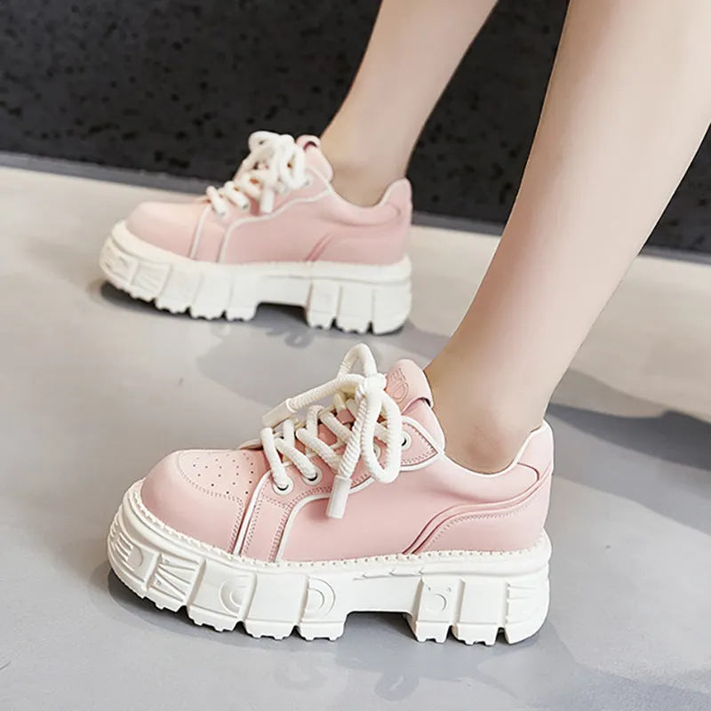 Beige and pink leather casual shoes with spring muffin bottom design and rubber foam soles