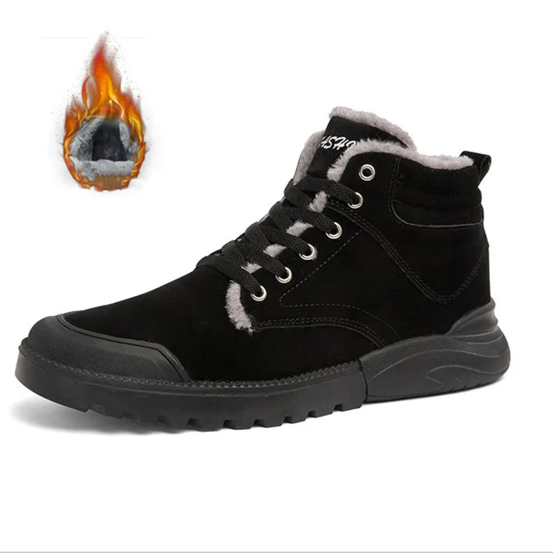 Men's winter warm plush ankle boots with suede upper, rubber sole, round toe, and front tie closure, available in multiple colours