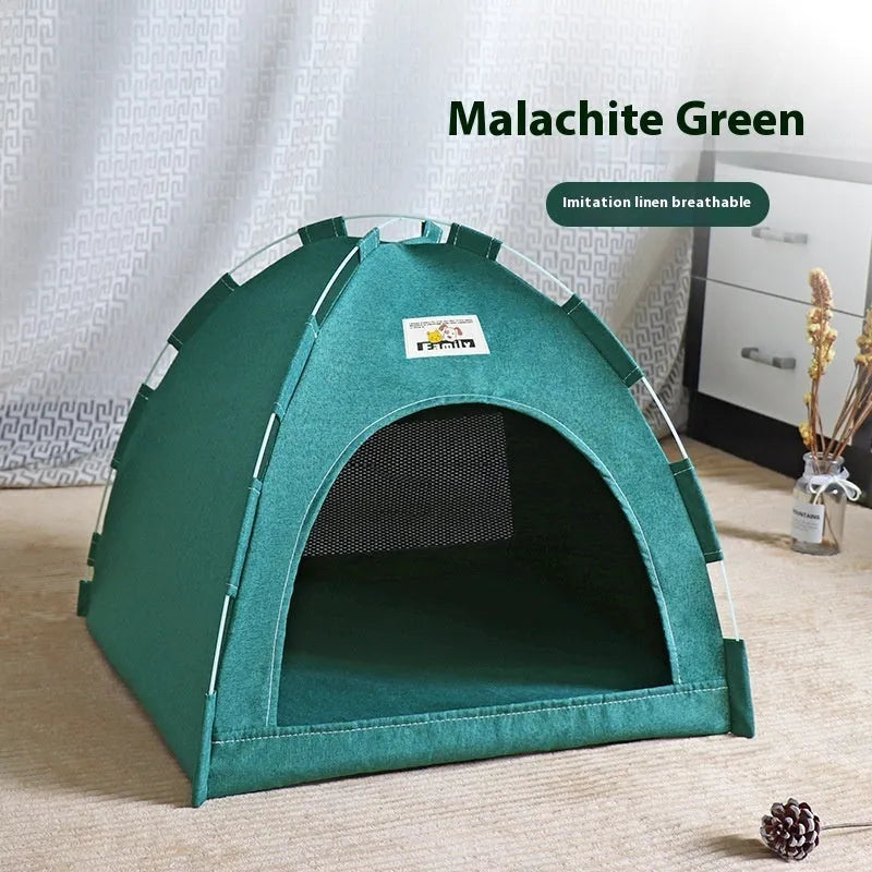 Portable pet tent bed with removable cover in grey colour, showing enclosed design for cats and small dogs