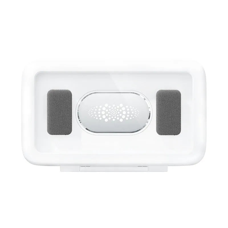 Waterproof phone holder mounted on bathroom tile with phone visible through anti-fog window