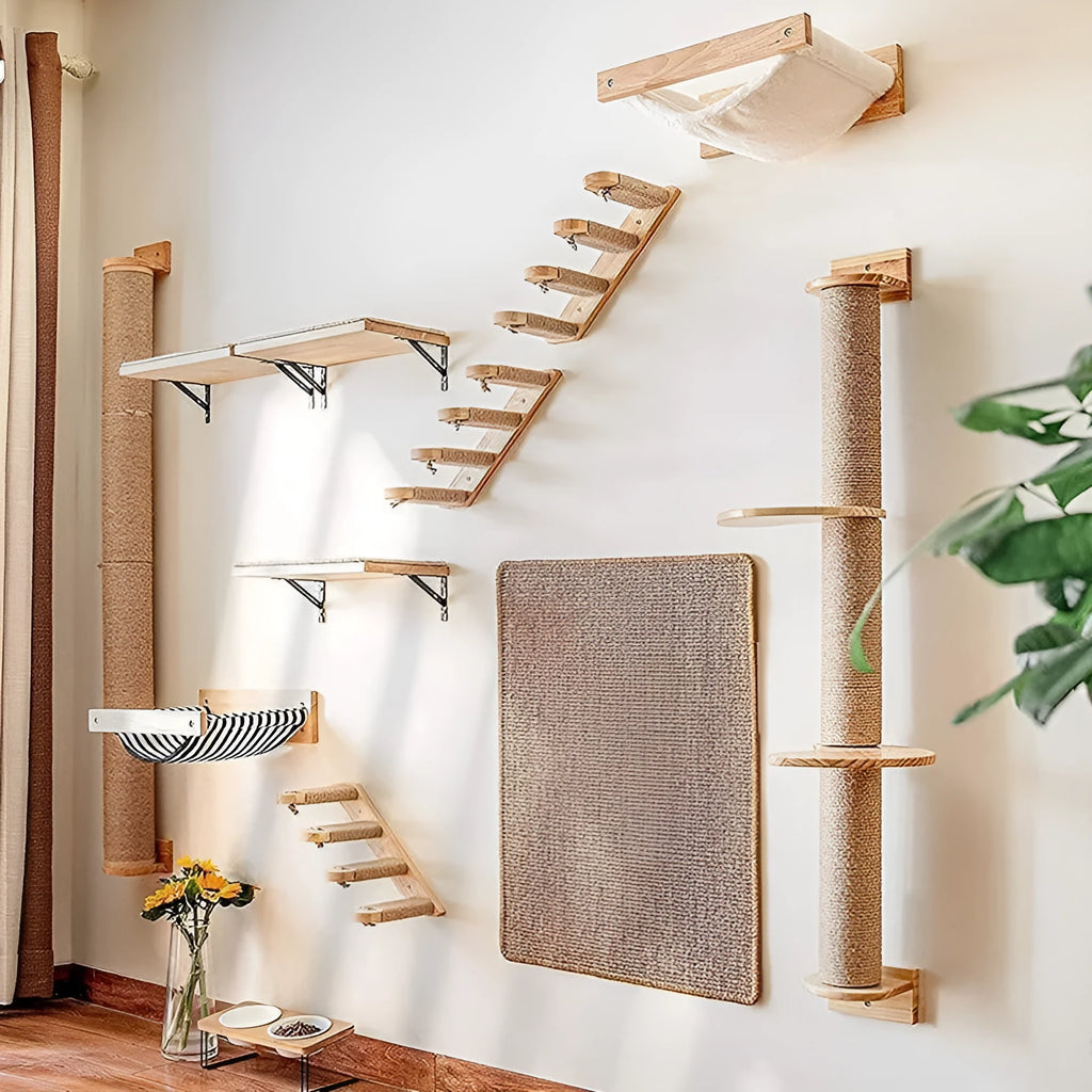 Wooden wall-mounted cat climbing frame with rope ladders and jumping platform in natural wood colour