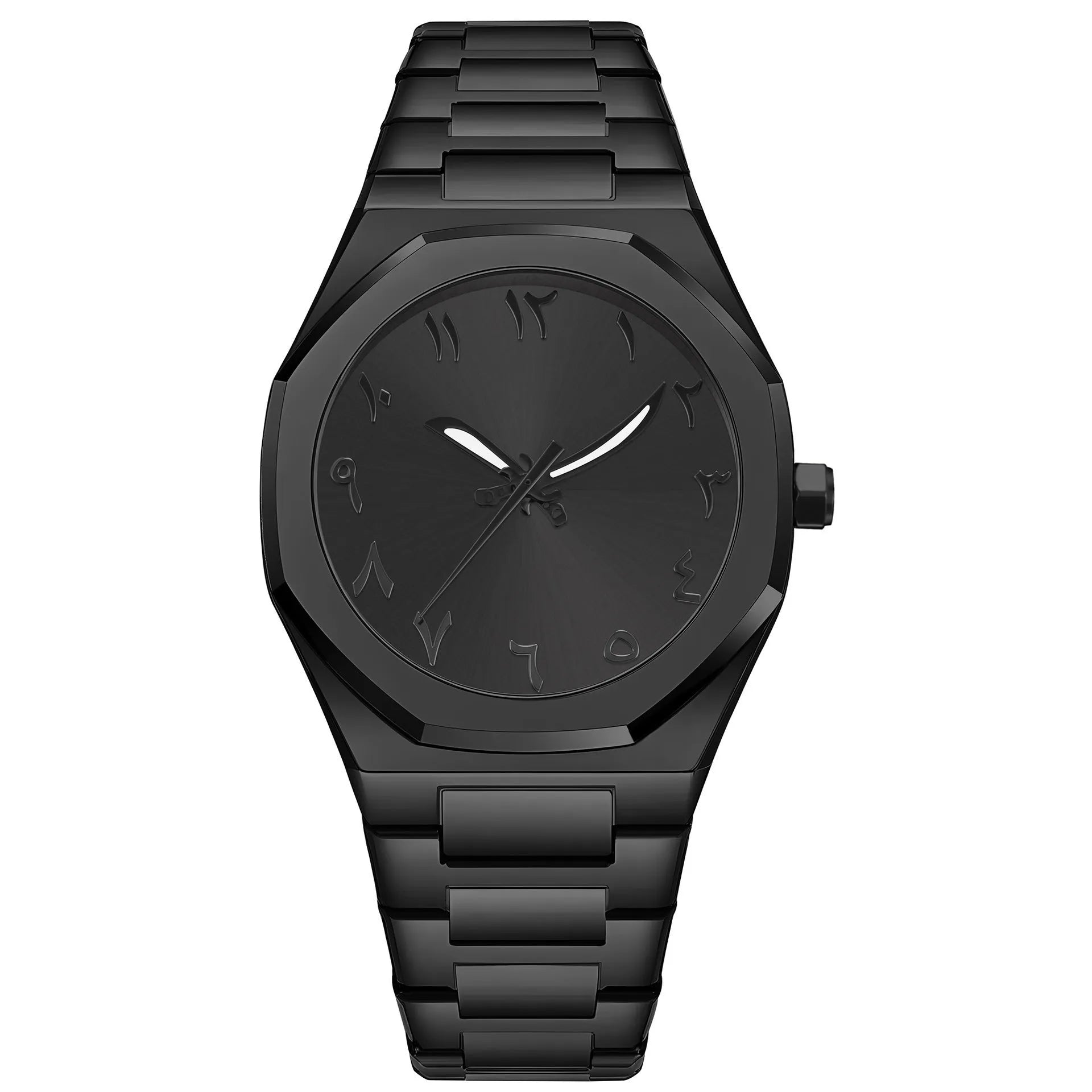 Men's silver and black business casual watch with steel bracelet and analogue dial on a wrist.