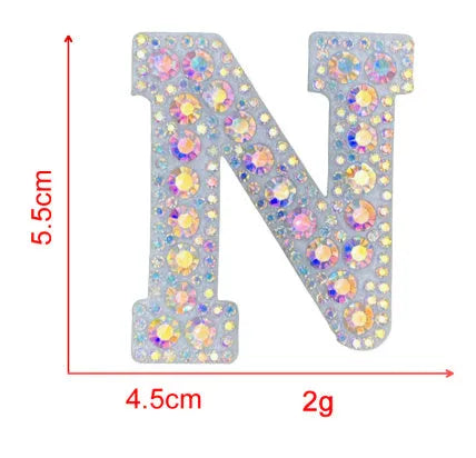 AB colour rhinestone letter emblem badge patch cloth sticker self-adhesive on white background