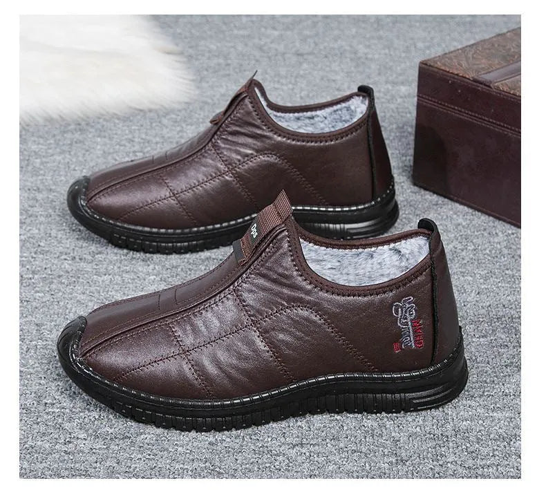 Men's brown casual winter cotton boots with a round toe and lace-up front on a white background.
