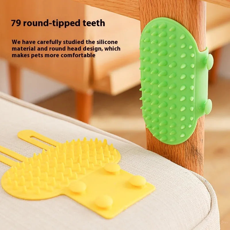 Silicone cat scratching comb with rounded teeth and adjustable strap in black, green, pink, or yellow colour.