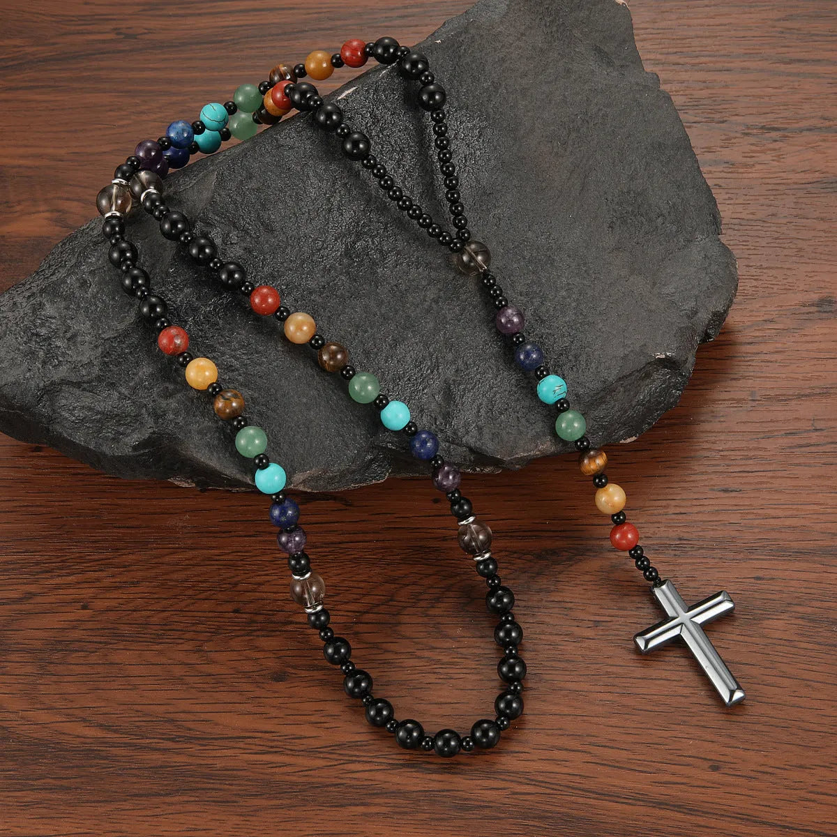 Handmade multicolor natural stone cross necklace with mixed gemstone inlay pendant on beaded chain