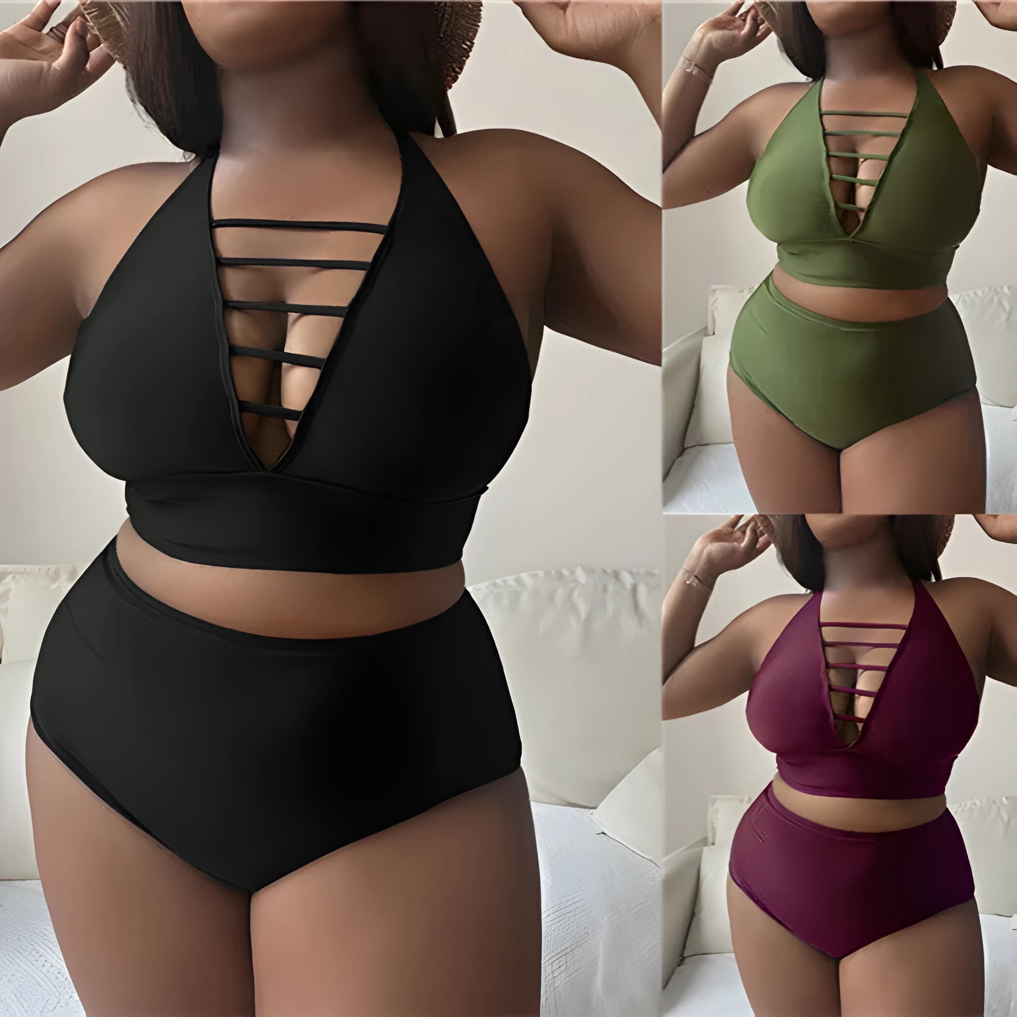 Plus size black halter bikini with adjustable straps and high-waist briefs on a mannequin.