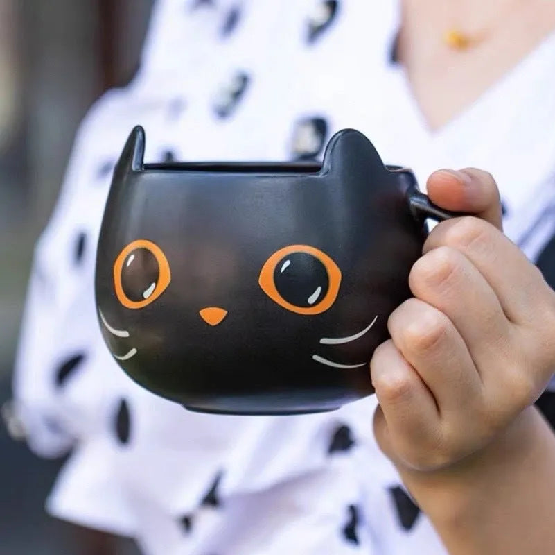 Black ceramic cat shape mug with pumpkin spoon couple decoration and 355ml capacity