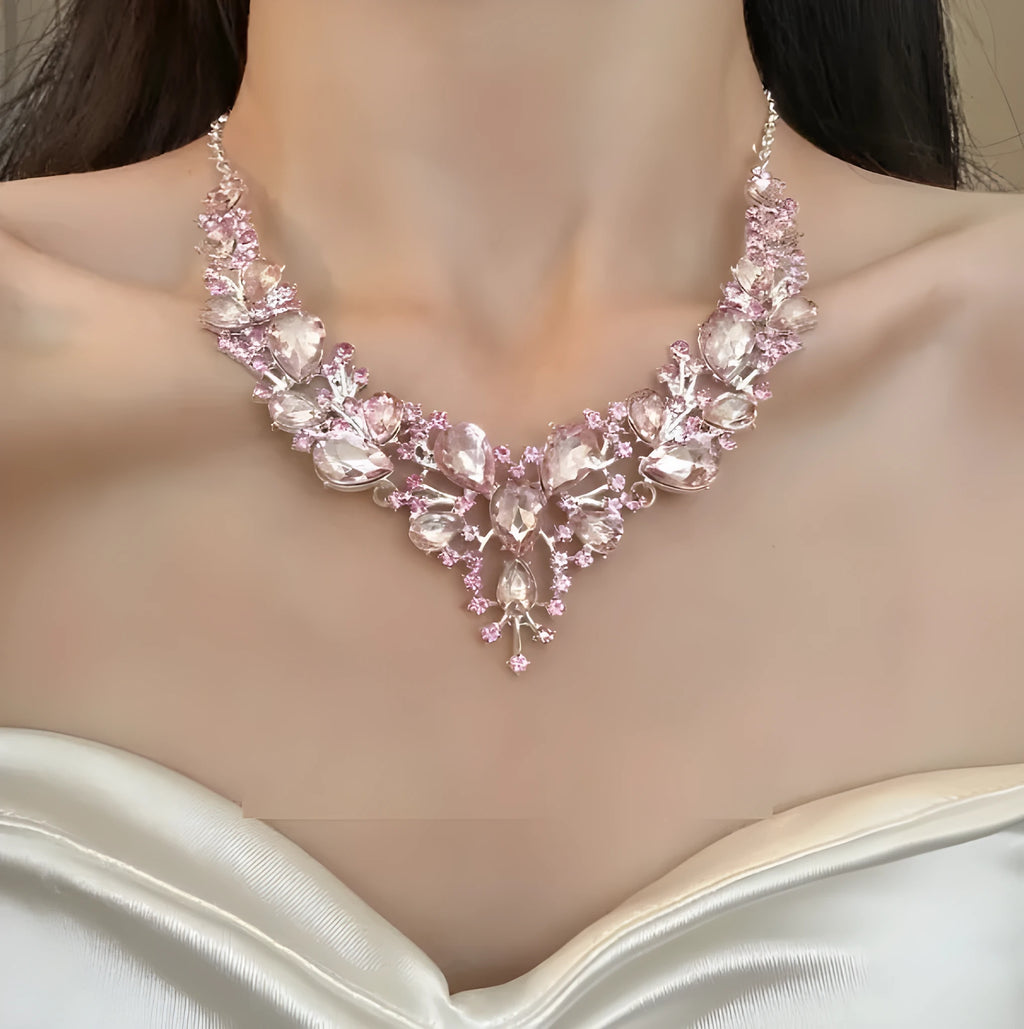 Light luxury alloy flower drop pendant necklace with pink rhinestone centre on ball bead chain, women's jewellery