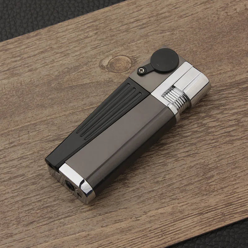 Silver foldable metal pipe lighter in open position showing flame mechanism and storage compartment.