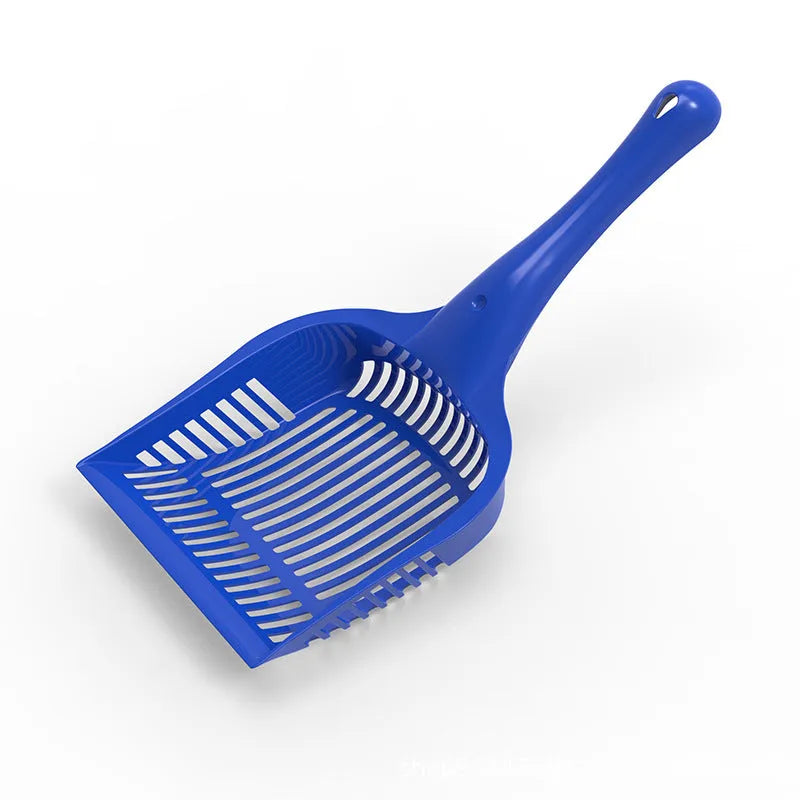Red plastic cat litter scoop next to a yellow and blue one, showing two size options for litter tray cleaning.
