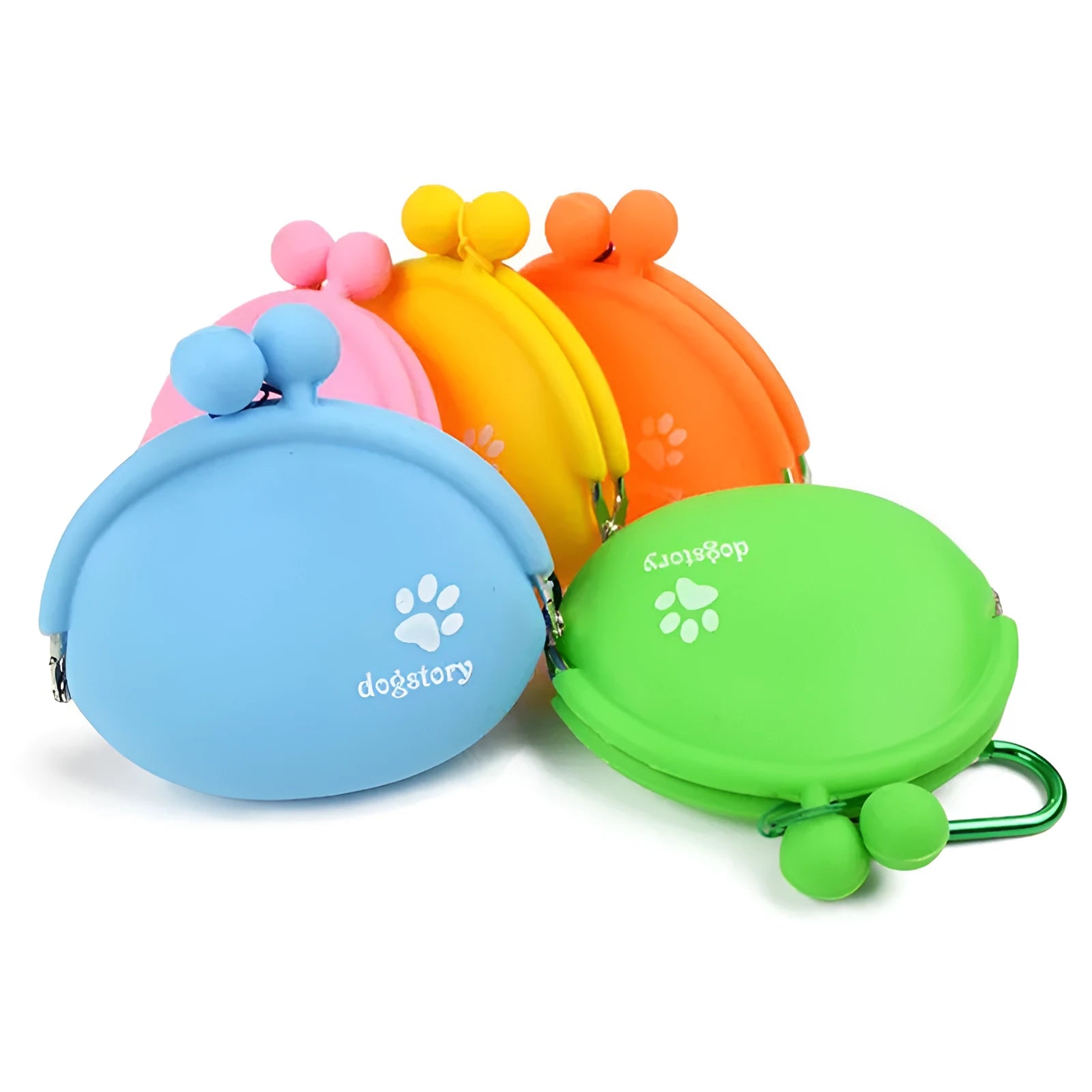 Yellow silicone dog training treat pouch with hook and loop closure, shown on a waist belt