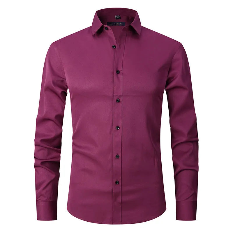 Men's stretch polyester long sleeve work shirt in multiple colours with button-front and crew neck design