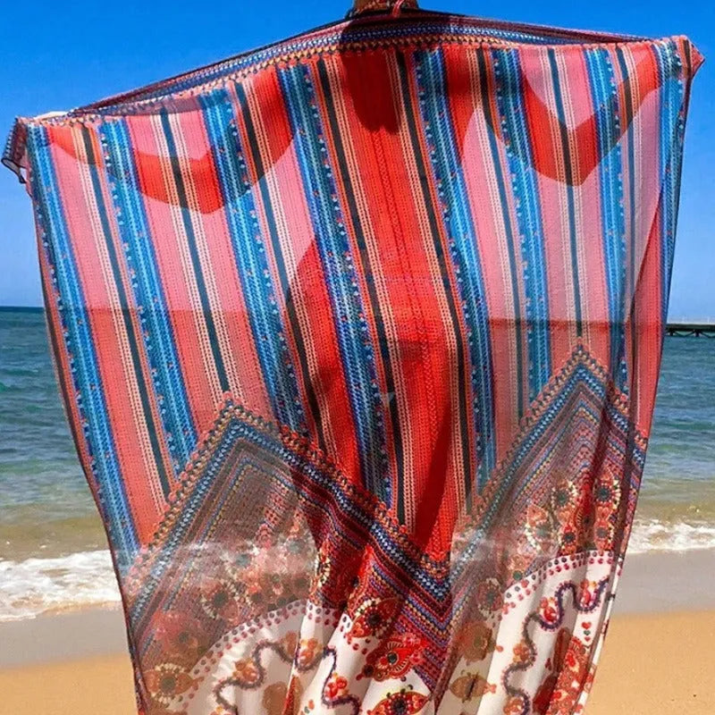 Women's three-piece swimsuit set featuring a high-waist brief, a cutout blouse, and a coat, shown in picture colour.