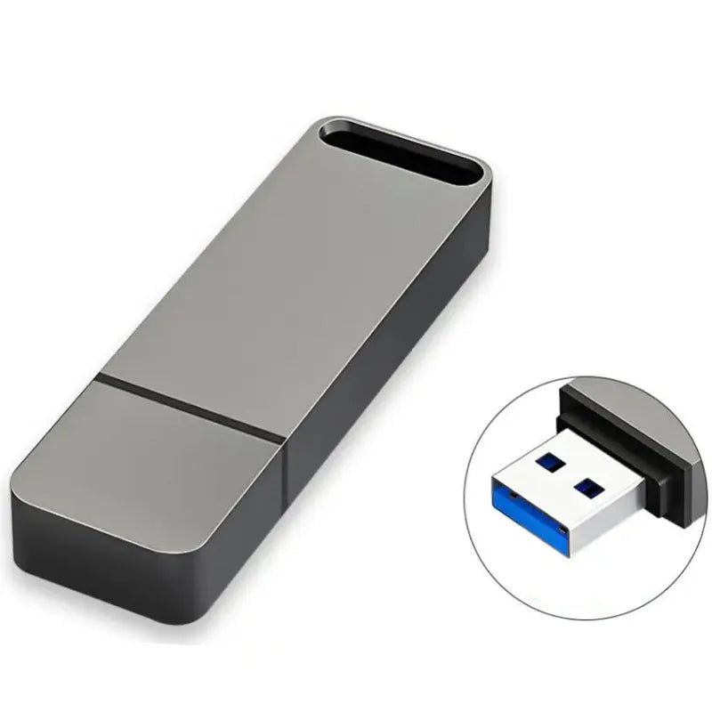 Metal USB flash drive in black, red, and silver colours showing custom graphic design options.