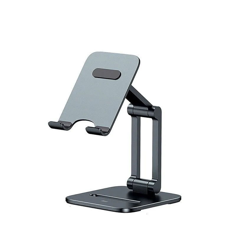 Deep space grey aluminium folding stand holding a tablet and a mobile phone separately.