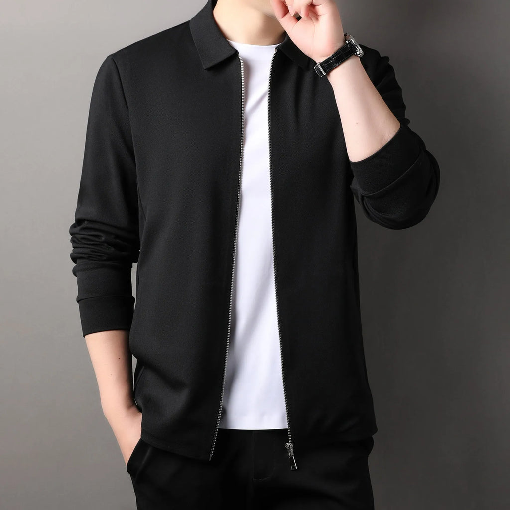 Men's polyester business jacket in black, dark gray or apricot with regular sleeves and straight hem design
