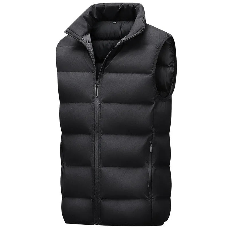 Men's casual waterproof polyester vest in black with straight hem, shown on model