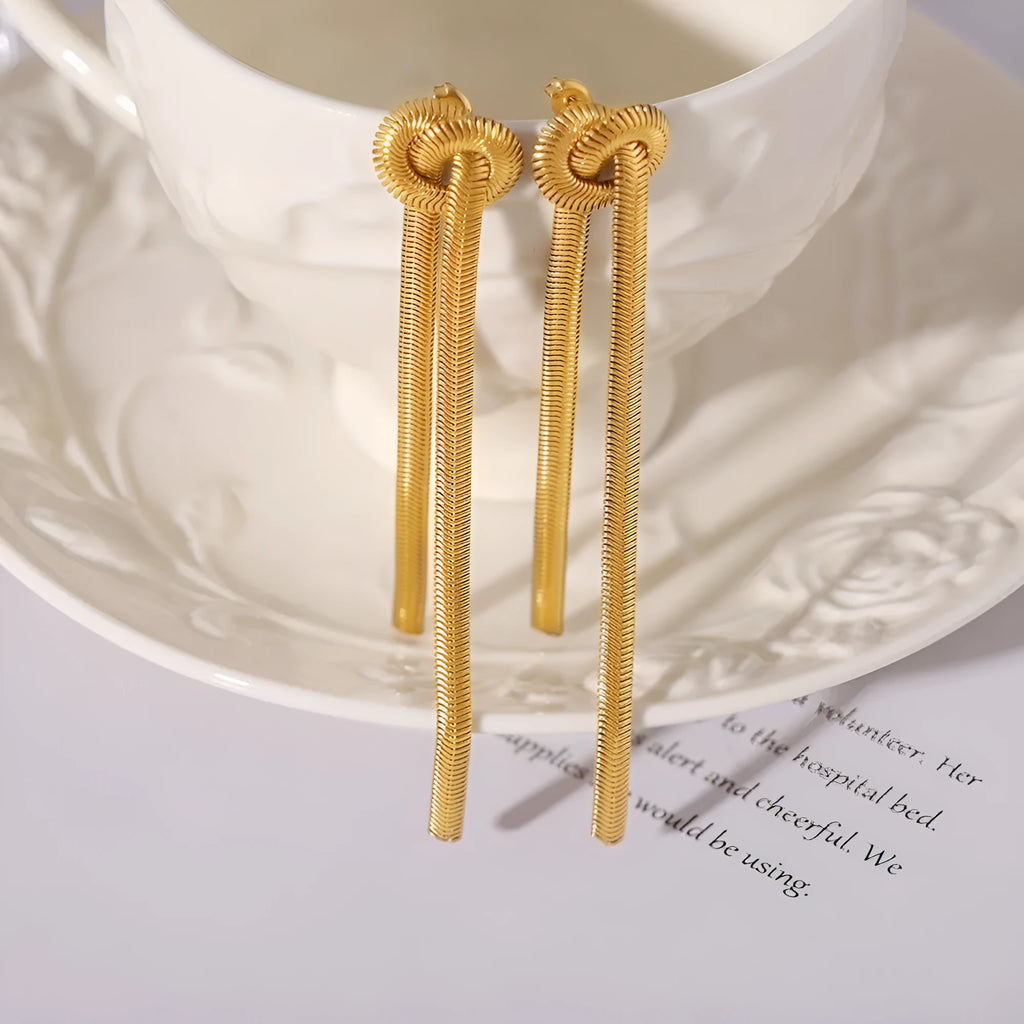 Gold knotted tassel snake chain long necklace with matching titanium steel earrings set
