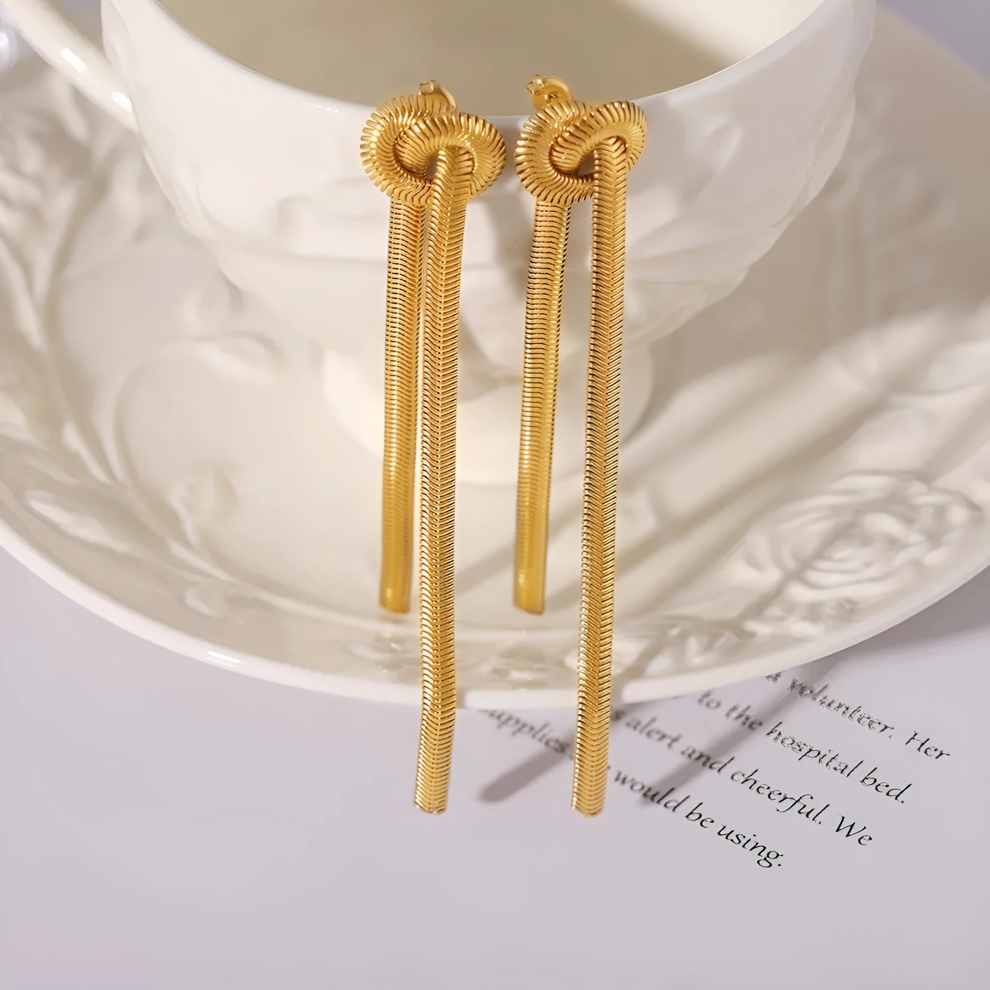 Gold knotted tassel snake chain long necklace with matching titanium steel earrings set