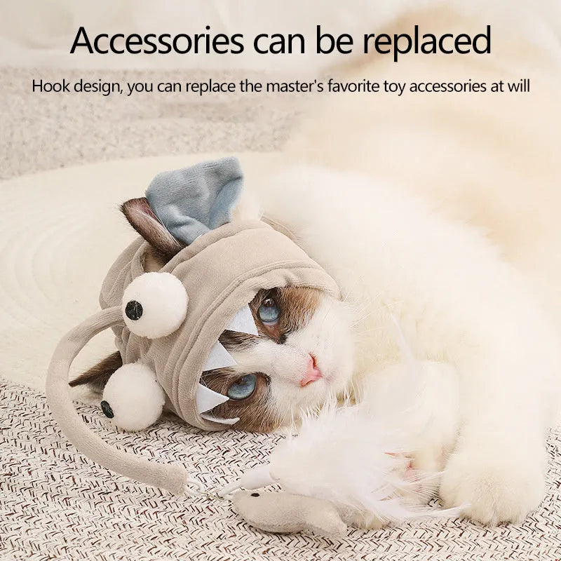 Grey dinosaur feather head teaser cat toy with adjustable neck strap for hands-free indoor play.