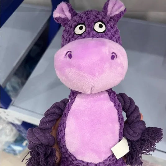 Colourful plush animal dog toy with integrated cotton tug rope