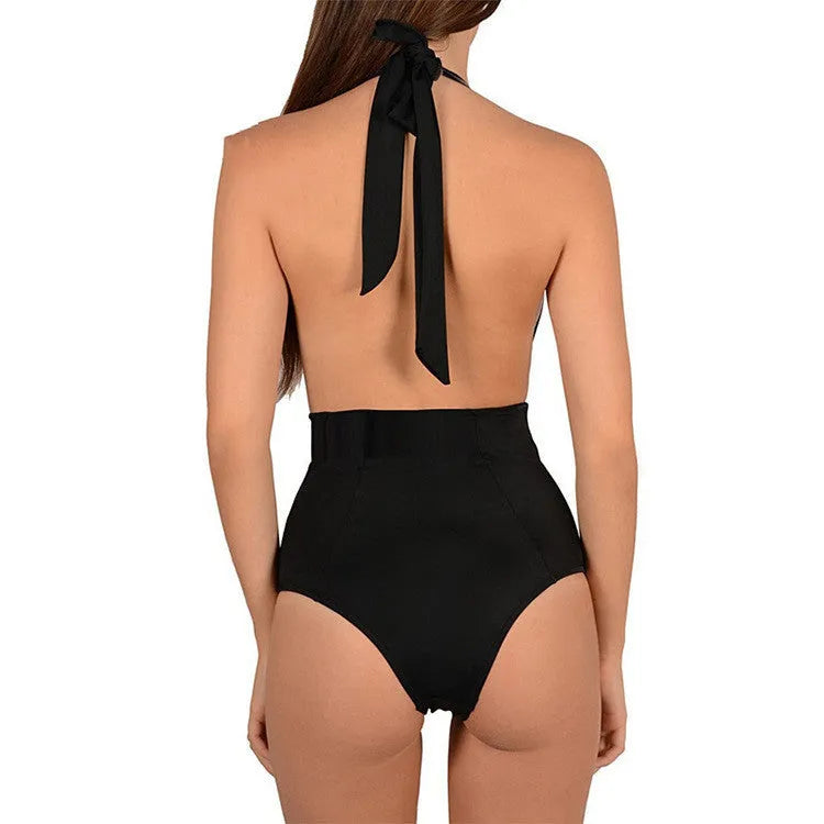 Embroidered halter siamese bikini set for women in black, white, and wine red with polyester fabric