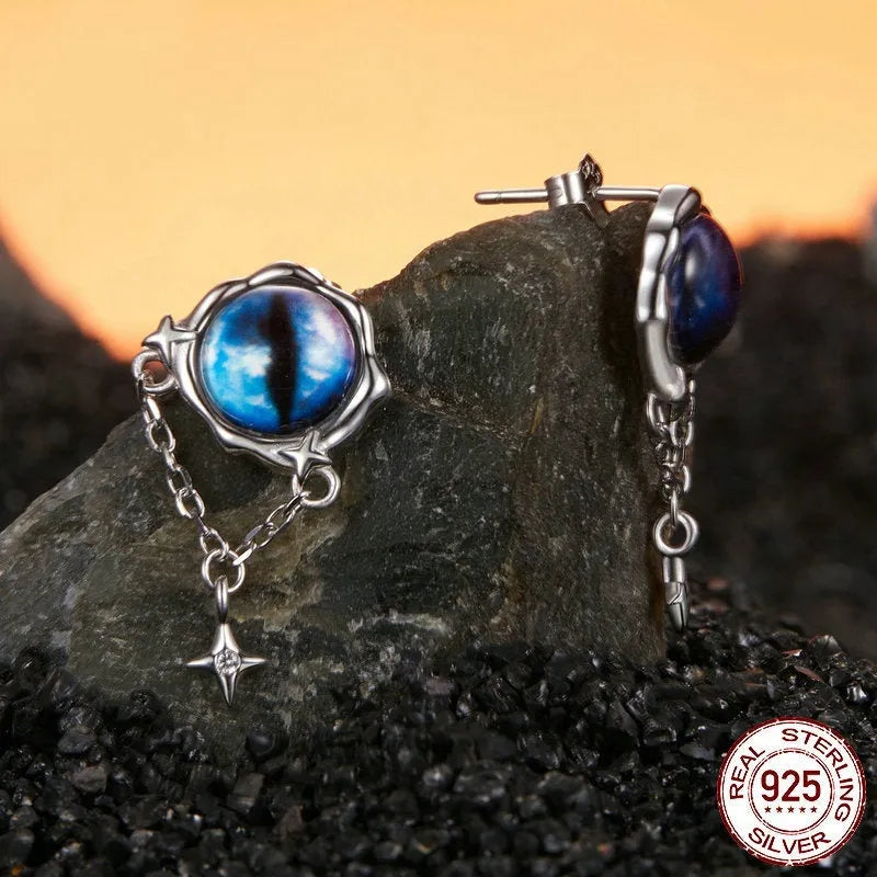 Mysterious retro blue devil eye stud earrings in S925 silver, 2.3cm high, 1.3cm wide, pair of earrings