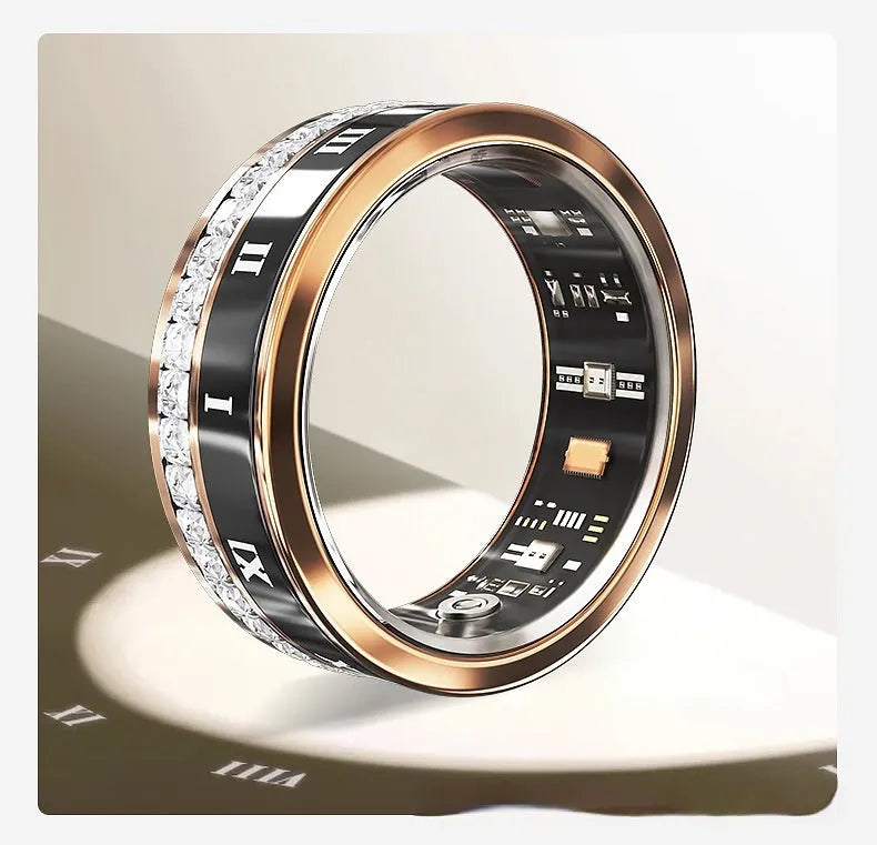 Diamond-inlaid smart ring in silver and gold colours on finger, showing health monitoring display.