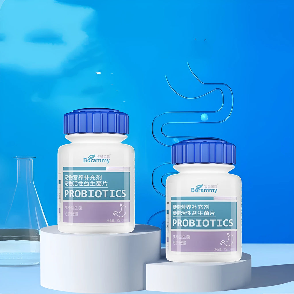 Bottle of 180-count pet probiotic tablets for dogs and cats digestive health supplement.