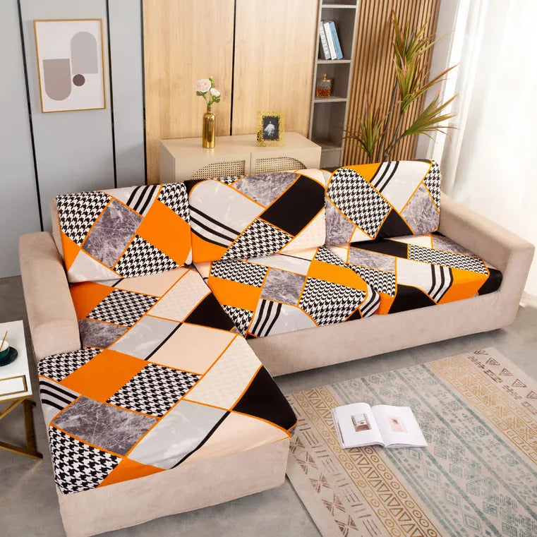 Printed non-slip polyester sofa seat cover with elastic edges in Happy Life Green colour on a single sofa