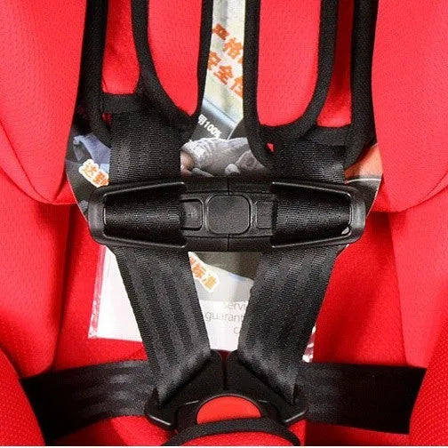 Black nylon seat belt clip for child safety seat 5-point harness systems measuring 14.5cm by 4cm