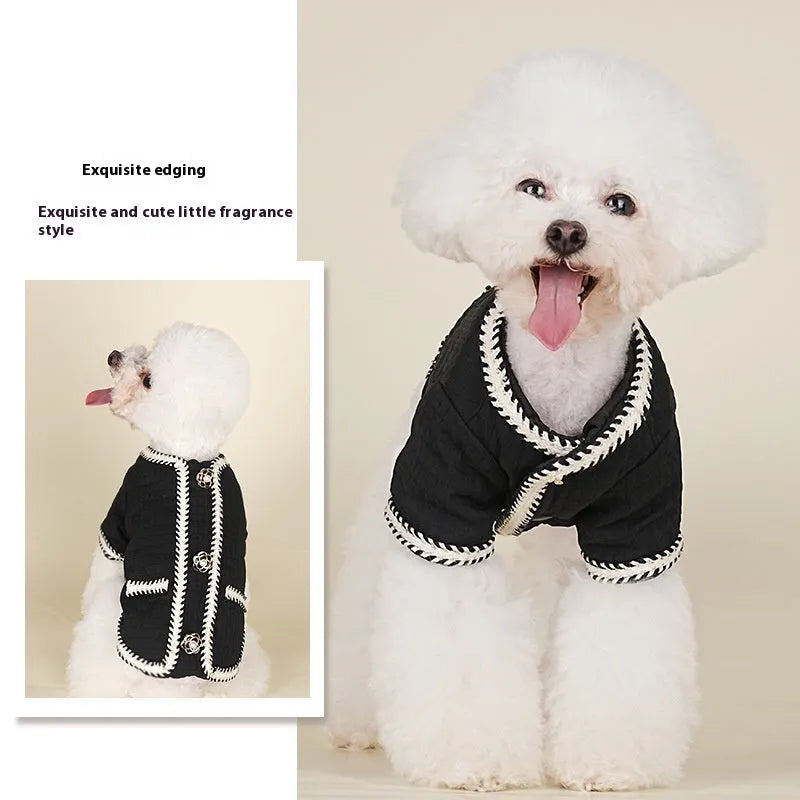 Quilted polyester dog coat in light purple with cartoon design for autumn and winter warmth
