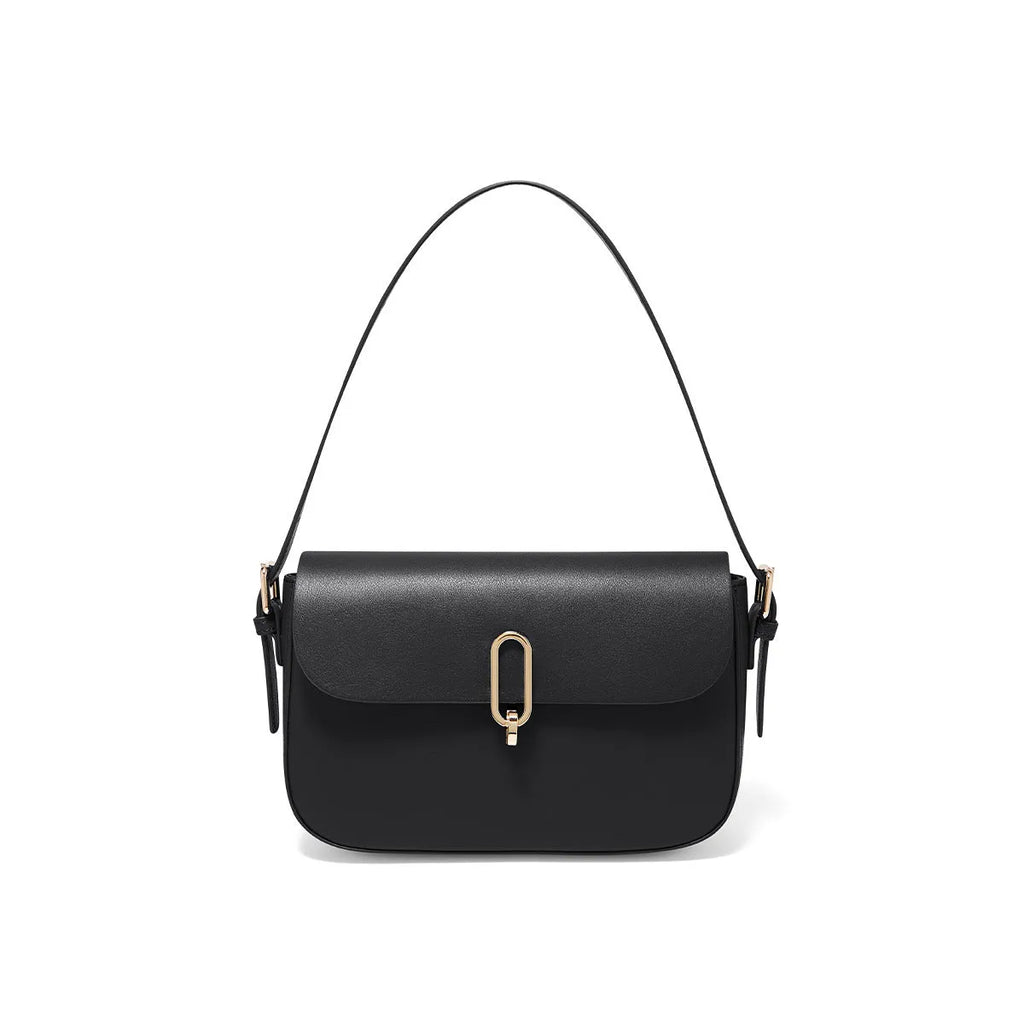 Black genuine leather square messenger bag with shoulder strap showing internal zipper pocket
