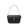 Black genuine leather square messenger bag with shoulder strap showing internal zipper pocket