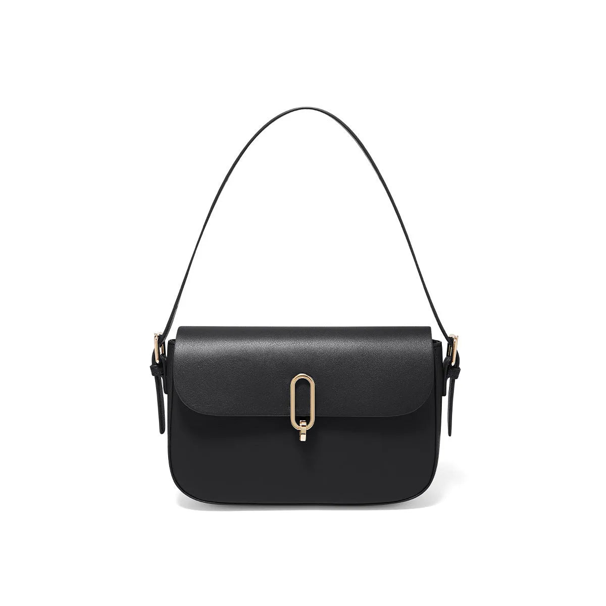 Black genuine leather square messenger bag with shoulder strap showing internal zipper pocket