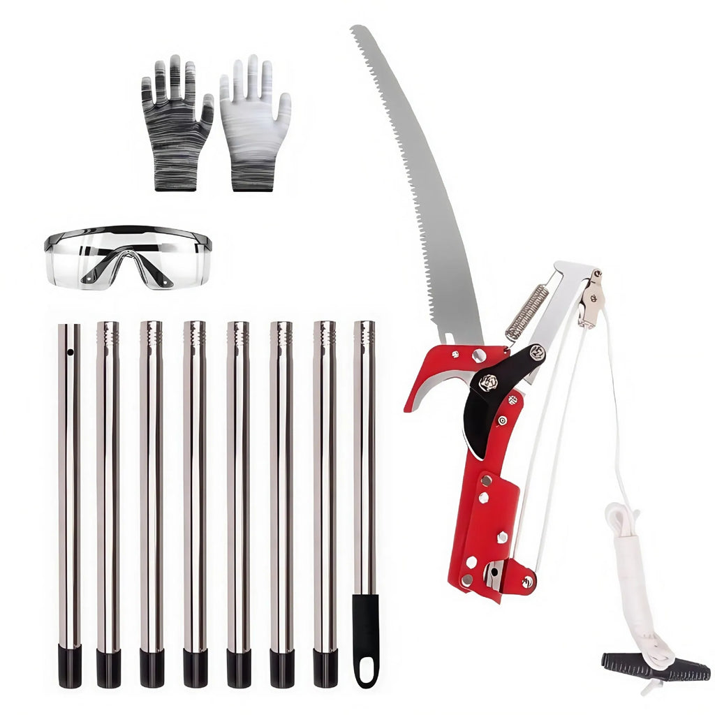 Pull rope pruning shears with 8-section metal pole extended to 3.3 metres for high branch cutting